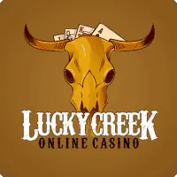 Lucky Creek online casino logo with a bull skull and playing cards background.