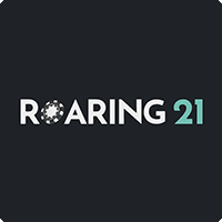 Roaring 21 online casino logo with bold text on dark background.